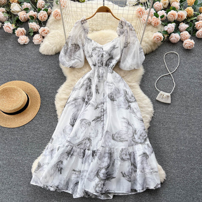 Summer New French Ink Printing Square Collar Big Swing Fairy Dress  469