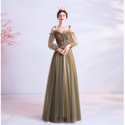Long Green  Tulle Prom Dress A Line Evening Dress with Long Sleeves 161