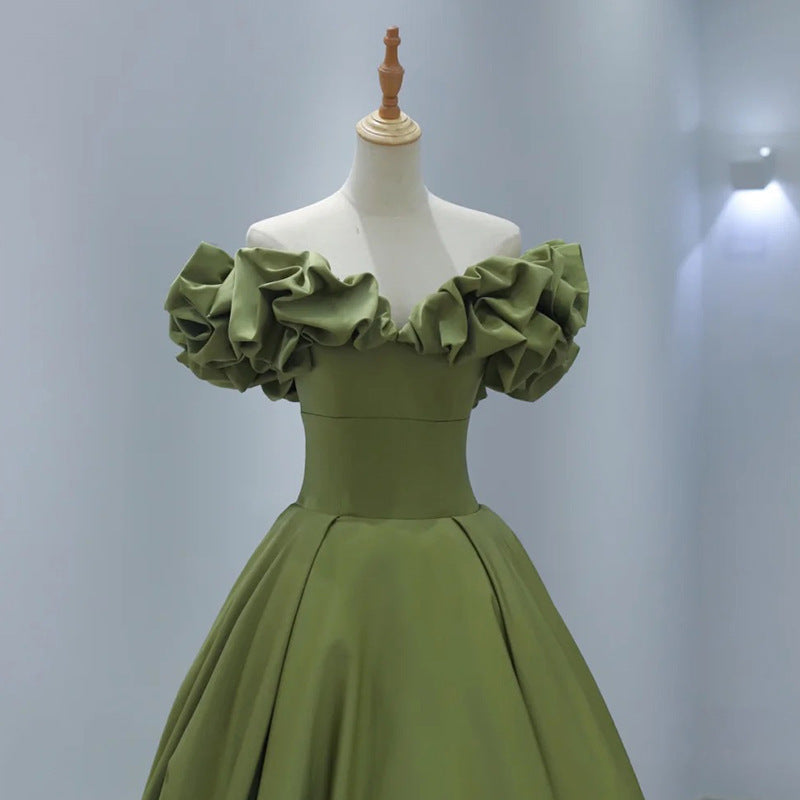 Stain Green Long Prom Dress Off  Shoulder Evening Formal Gown 176