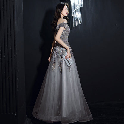Off Shoulder A Line Prom Dress Sequins Tulle Evening Formal Gown 671