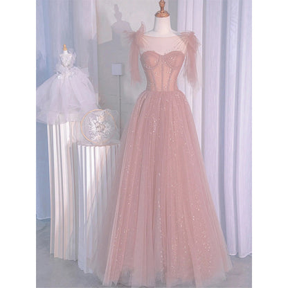 Pink Tulle Fairy Long Prom Dress Shiny Sweet Evening Gown 581