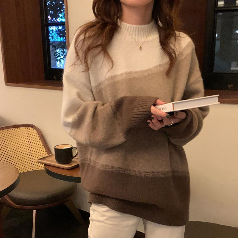 Gradient  Autumn and Winter Sweater Loose Lazy Style Knitted Round Neck Sweater 1720