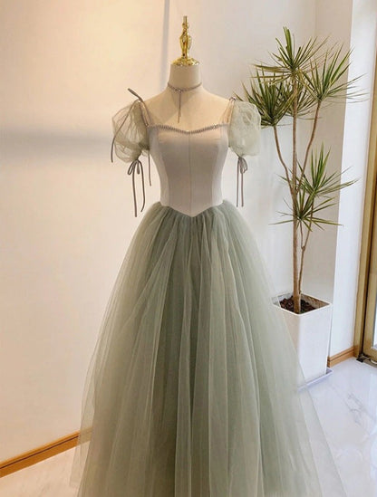 Cute Soft Green Long Prom Dress A Line Short Sleeves Evening Dress Party Gown 145