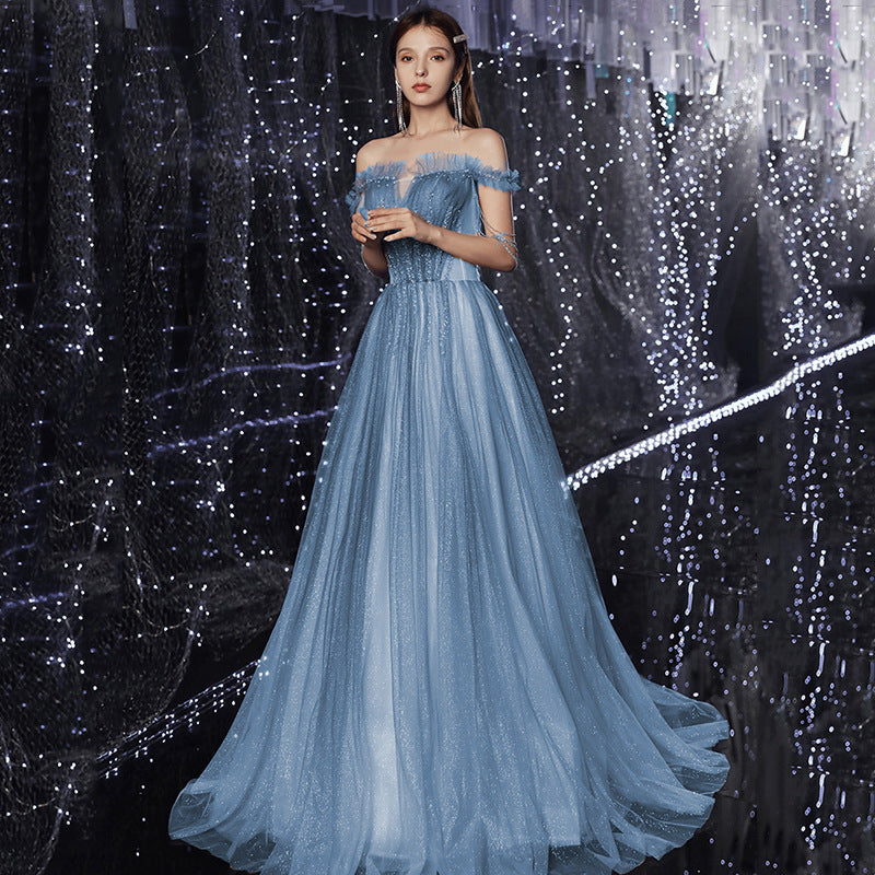 Off Shoulder Shiny  Blue Tulle Prom Dress A Line Long Formal Evening Party Gown 638