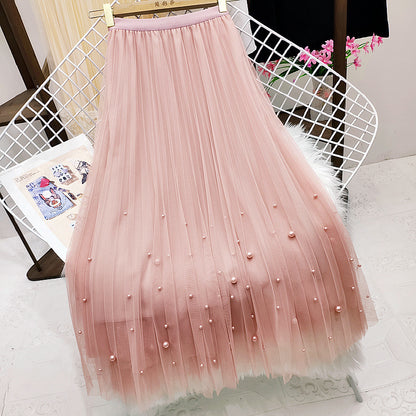 Beaded Mesh High Waist Skirt Fairy Pleated Skirt Mid-length A-line Skirt 731