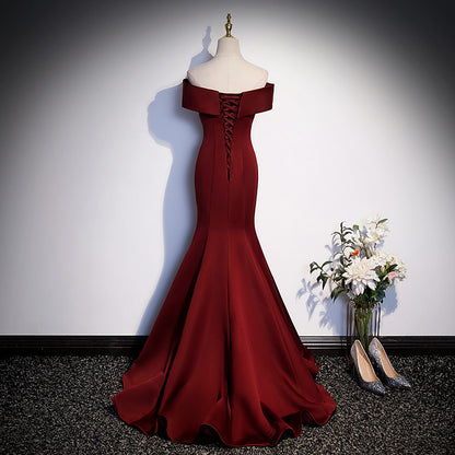 Burgundy Mermaid Long Evening Dress Off  Shoulder Satin Prom Dress Formal Gown 184