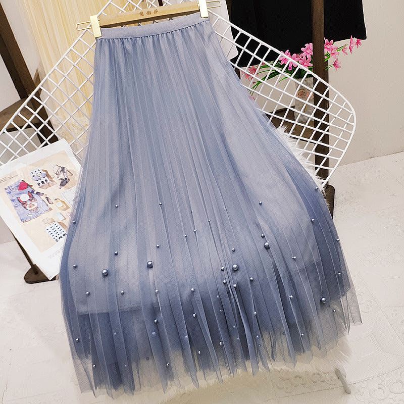 Beaded Mesh High Waist Skirt Fairy Pleated Skirt Mid-length A-line Skirt 731