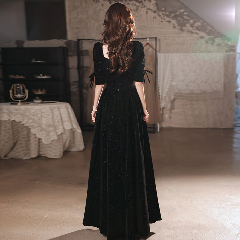 A Line Velvet Long Prom Dress Black Mid Sleeves Evening Party Gown Formal Dress 523