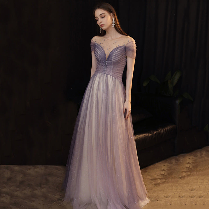 Off Shoulder Shiny Purple Prom Dress A Line Tulle Formal Evening Gown 707