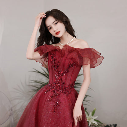 Off Shoulder A Line Shiny Prom Dress Burgundy Formal Evening Party Gown 628