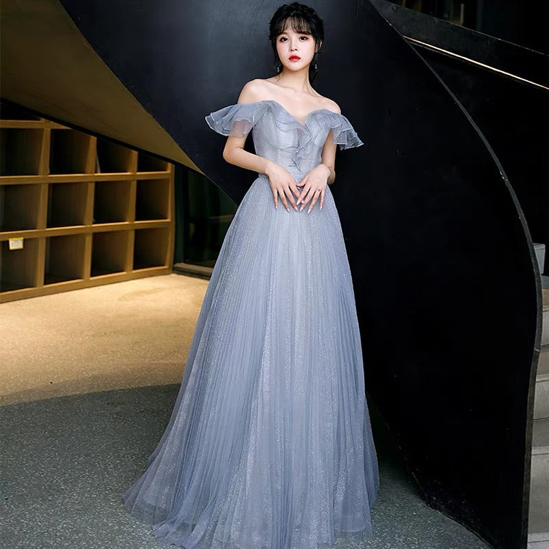 Off Shoulder A Line Prom Dress Tulle Evening Party Gown 673