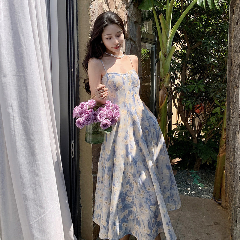 French Retro Blue Long Dress Floral Spaghetti Strap Dress Female Summer Fairy Dress 376