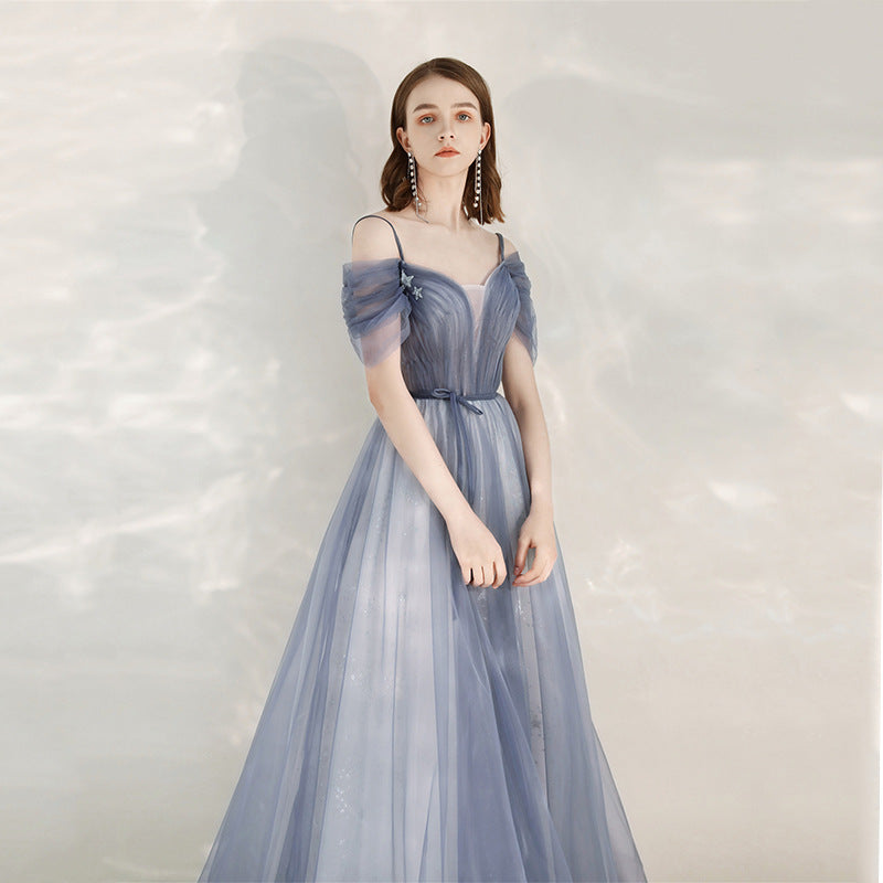 Off Shoulder Blue Tulle Prom Dress A Line Birthday Party Gown 709