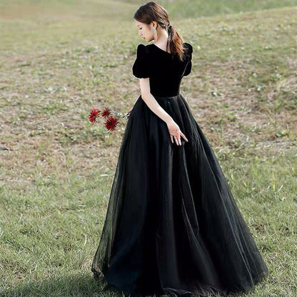 Black Velvet Tulle Long Prom Dress A Line Evening Formal  Party Gown 556