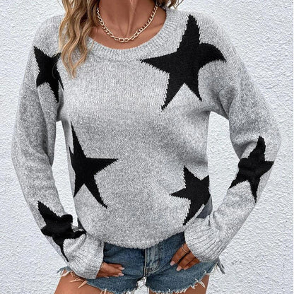 Autumn and Winter Women  Knitted Sweater Round Neck Star Jacquard Pullover Sweater 1641