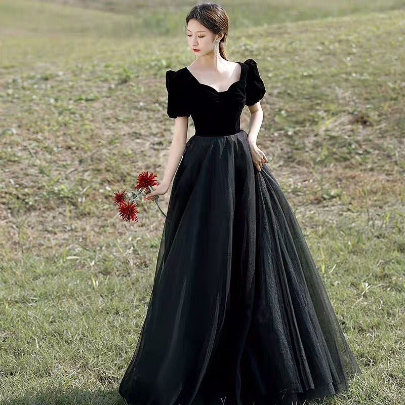 Black Velvet Tulle Long Prom Dress A Line Evening Formal  Party Gown 556