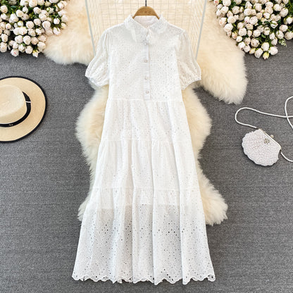 2022 Summer Doll Collar Hollow Puff Sleeve Dress Elegant Long Dress 450