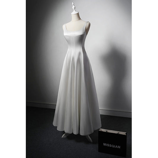 White A Line Satin Prom Dress French Style Formal Dress 2055