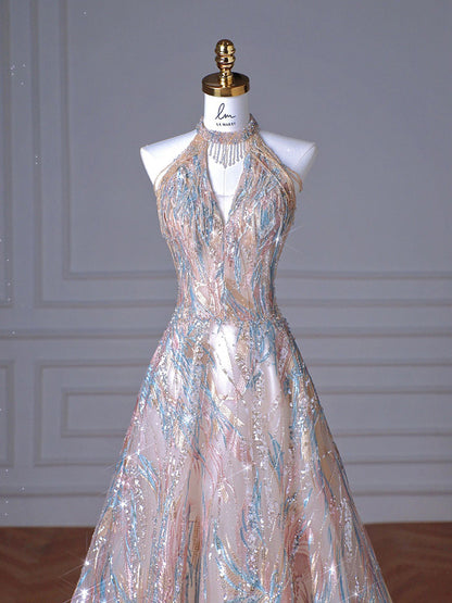 Halterneck A-line Sparkling Sequined Evening Dress 1966