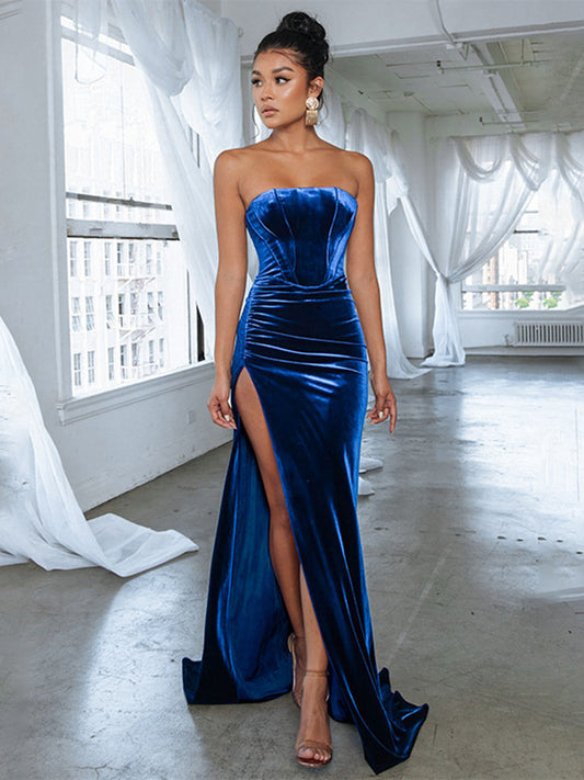 Strapless Velvet Prom Dress Hight Slit Formal Evening Dress 2056