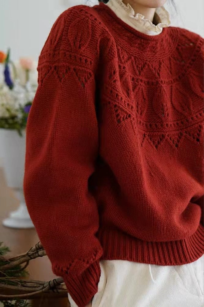 Retro Hollow Red Sweater Autumn and Winter Simple Knitted Sweater 1960