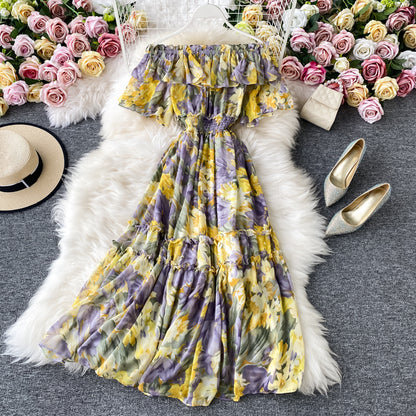 Off-the-shoulder Beach Dress Floral Chiffon Large Swing Dress 854