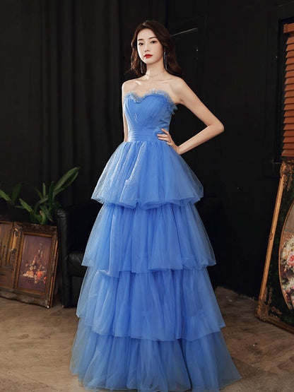 Blue A Line Tulle Evening Ball Gown Sweetheart Strapless Layered Prom Dress 303
