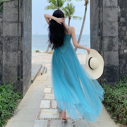 V Neck  Blue Tulle Long Dress with Slit Sweet Summer Beach Dress 410