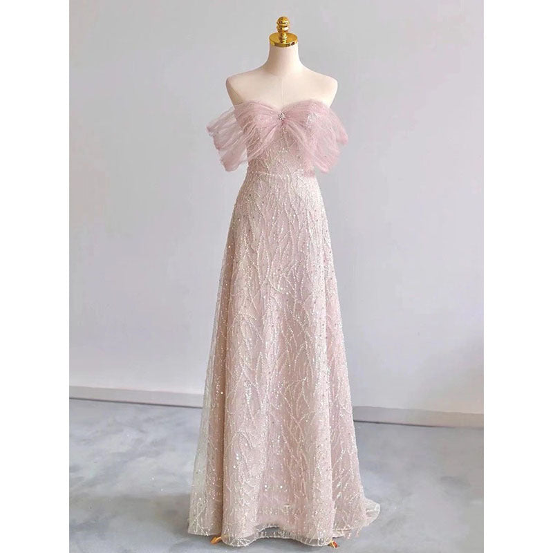 Off Shoulder Cute Pink Prom Dress Sequins Princess Formal Party Dress 666