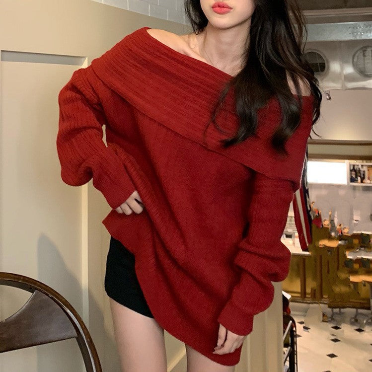Off The Shoulder New Autumn and Winter Lazy Style Sweater Bottoming Sweater 1903