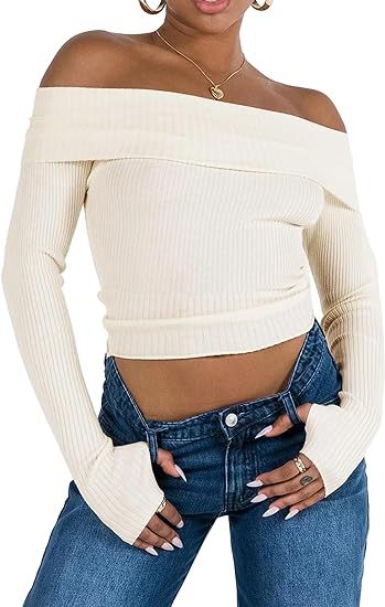Women's Off-shoulder Exposed Color Slim Short Sweater Long-sleeved Sweater 1902