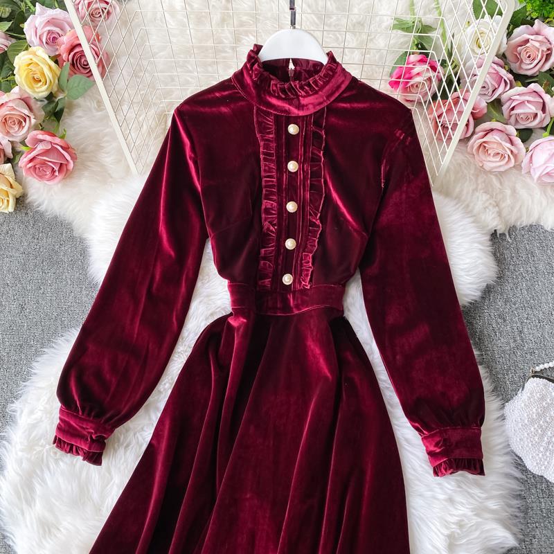 Velvet Dress Autumn and Winter Long-sleeved French Retro Wine Red Dress 473
