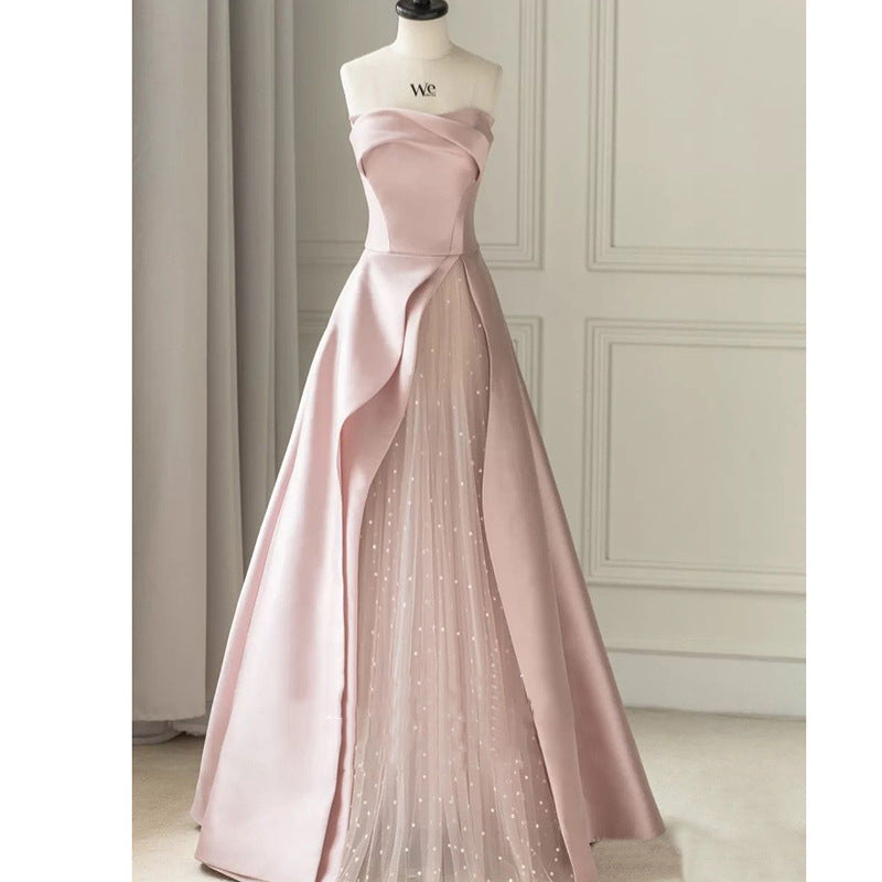 Strapless Pink Satin Long Prom Dress Evening Formal Gown 182