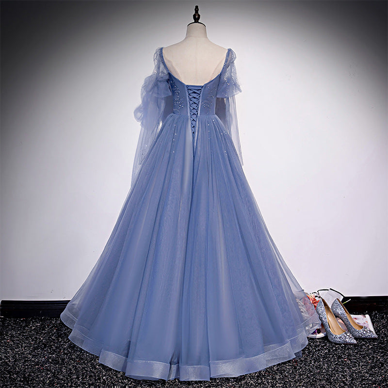 Blue A Line Tulle Prom Dress Long Sleeves Formal Evening Gown 215