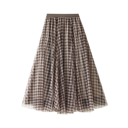 Retro Check Mesh Skirt Swing High Waist Mid Length Skirt  768