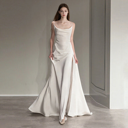 French Spaghetti Strap Long Prom Dress White Satin V back Wedding Dress 178