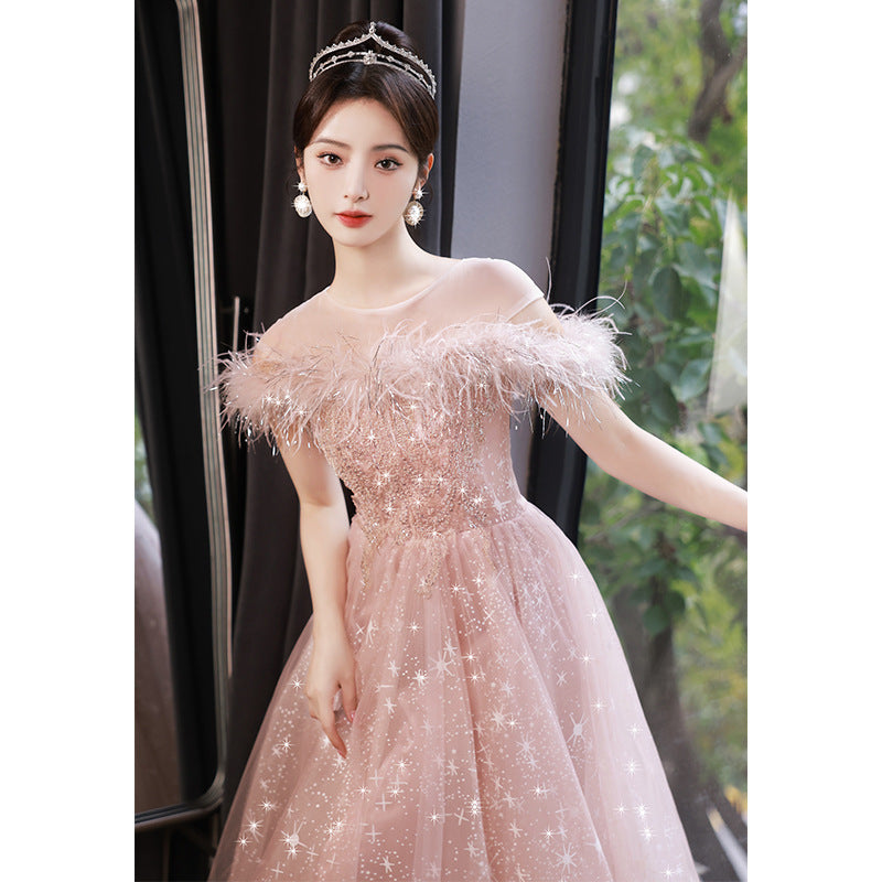 Off Shoulder Pink Shiny Prom Dress Feather A Line Sweet Party Dress 623