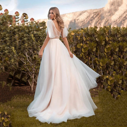 Deep V Lace Long Prom Dress Mid Sleeves Beach Wedding Dress 160
