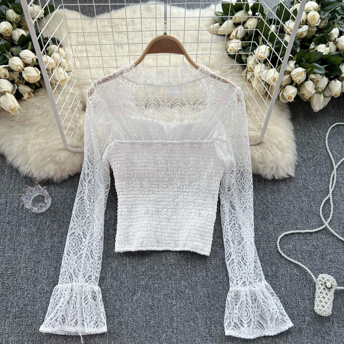Women  Lace See-through Trumpet Sleeve Sexy Top 484