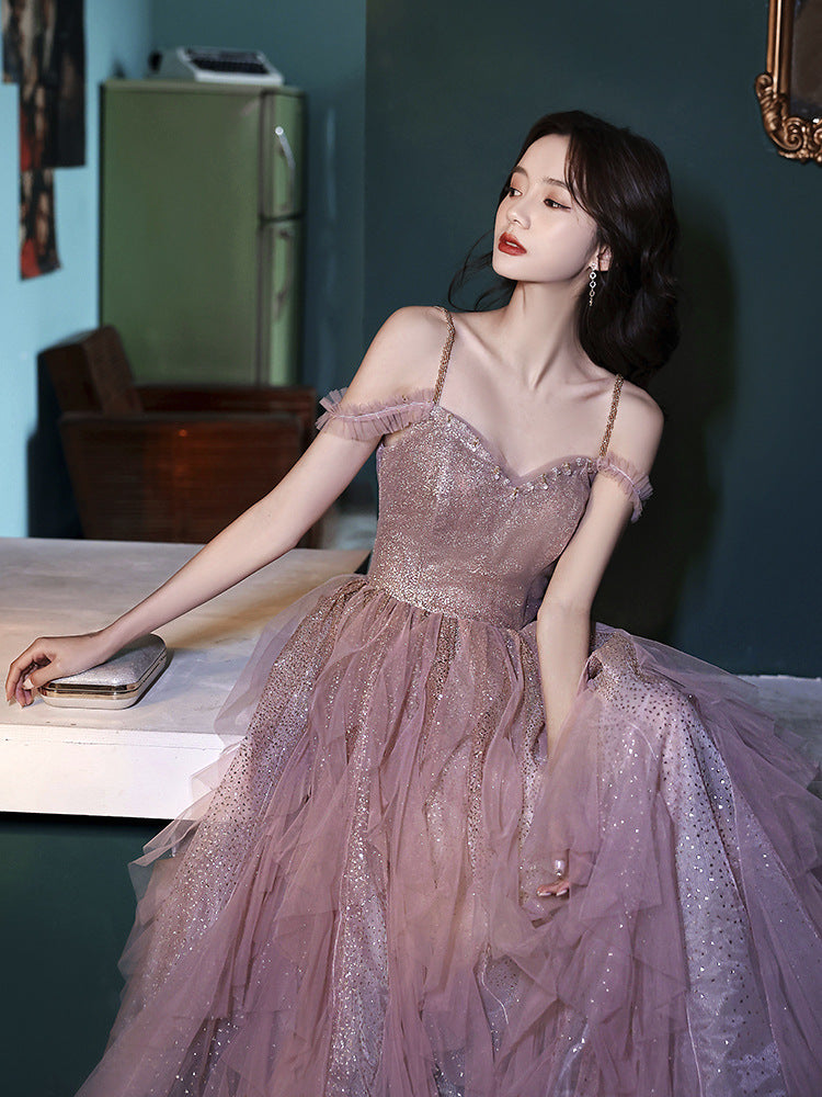 Cute Pink Fairy Long Dress Long Evening Dress Spaghetti Strap Formal Gown 170