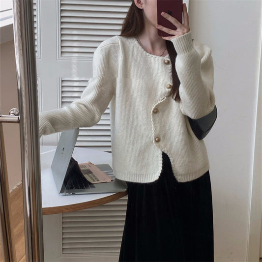 Irregular Button Round Neck Sweater Coat Autumn and Winter Knitted Sweater 1735