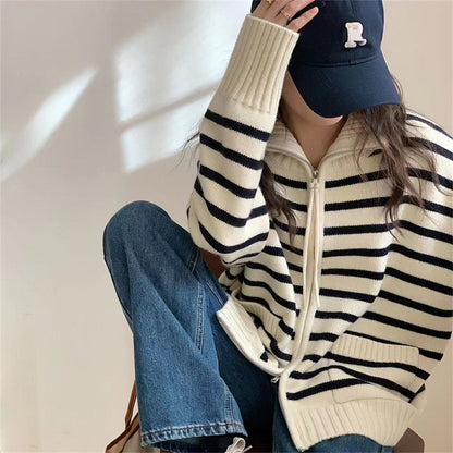 Zipper Loose Striped Sweater Jacket Autumn Stand Collar Cardigan with Pockets 1816