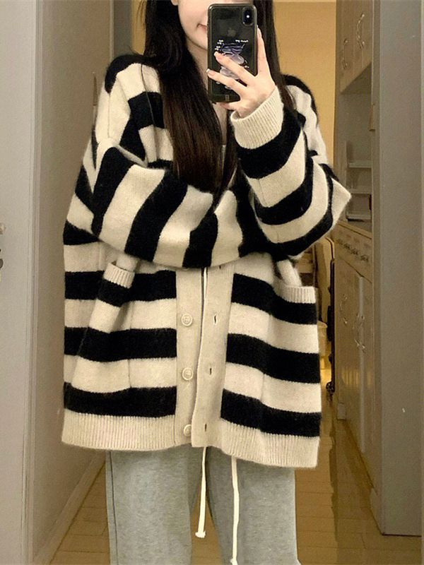 Autumn and Winter Lazy Style Sweater Jacket Loose Striped V-neck Knitted Cardigan 1724