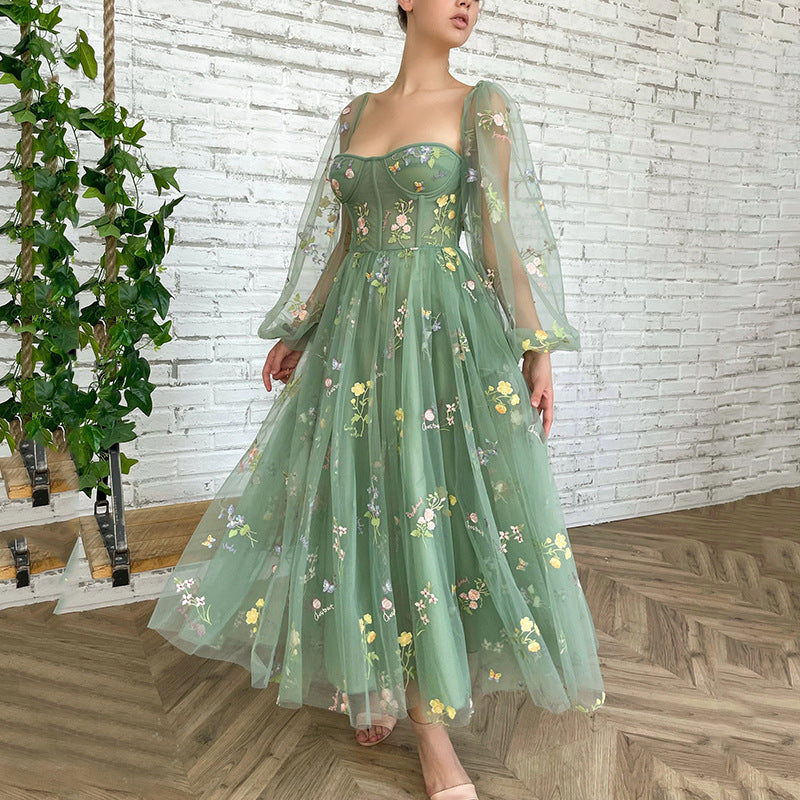 Green Long Sleeves Embroidery Flowers Tulle Prom Dress Homecoming Dress  1645