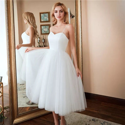 Spaghetti Straps White Prom Dress simple Wedding Dress Tulle Homecoming Dress 1665