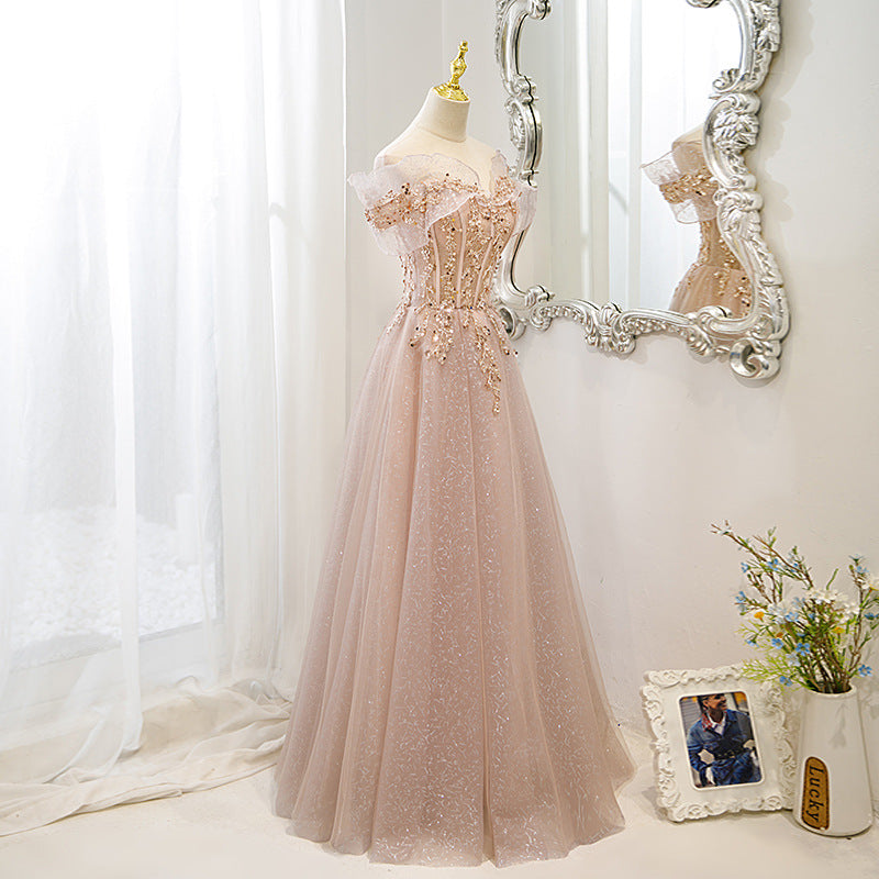 Off  Shoulder Pink Tulle Prom Dress Sequins Long Evening Formal Party Dress 189