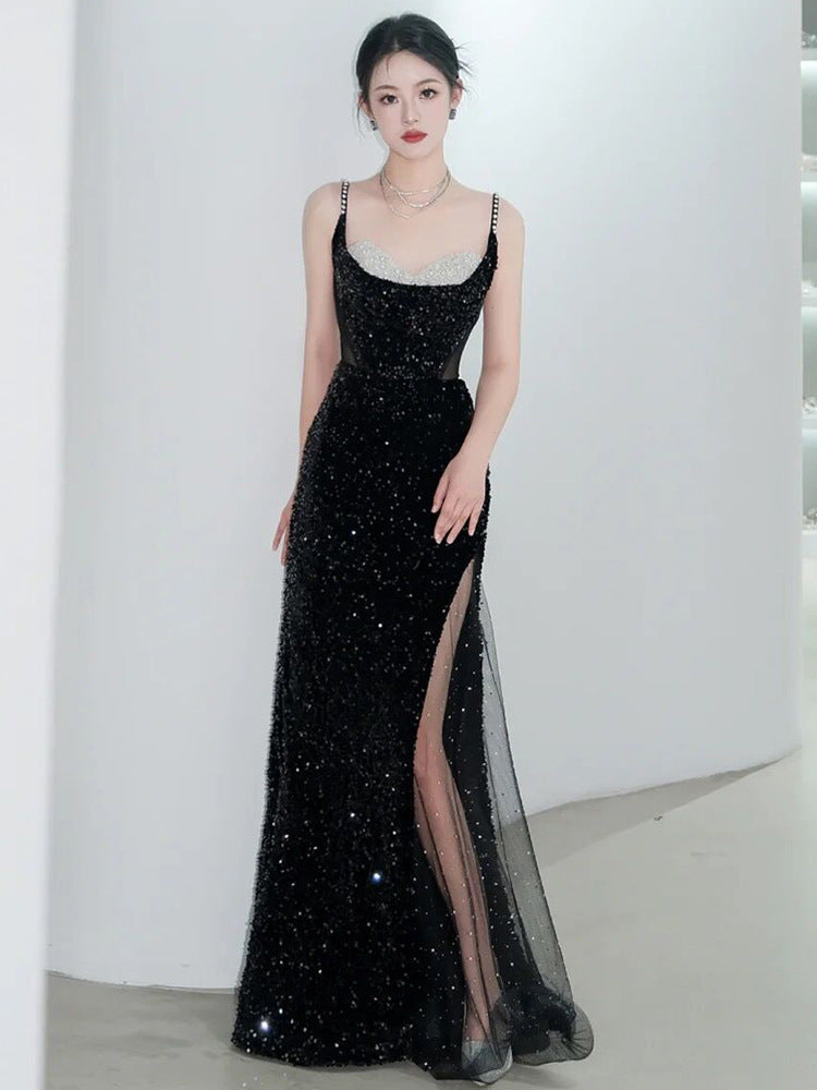 Spaghetti Strap Sequined Evening Gown with Slit 1965