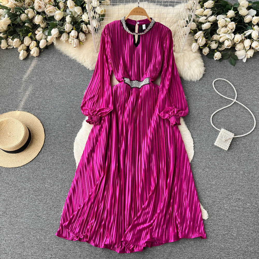 Spring and Autumn French Long-sleeved Dress Women's Pleated Satin Dress 479