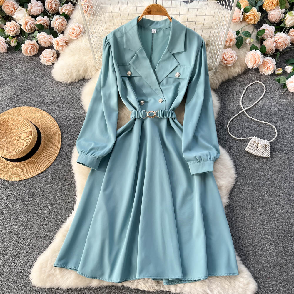 French Long Sleeve Mid Length Suit Collar Dress 247