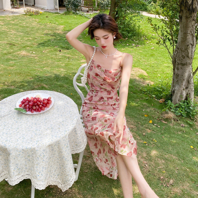 Retro Floral Chiffon Spaghetti Strap Dress with Slit Mid-length Skirt Pink Holiday Skirt 815